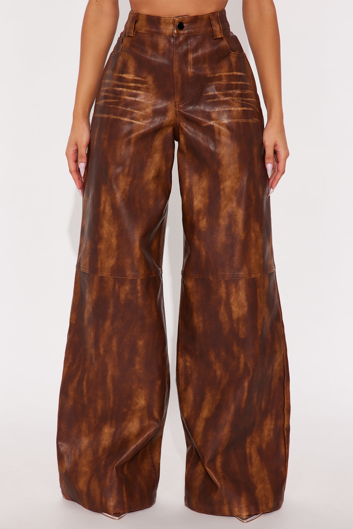 Adrienne Washed Faux Leather Wide Leg Pant 33 - Brown