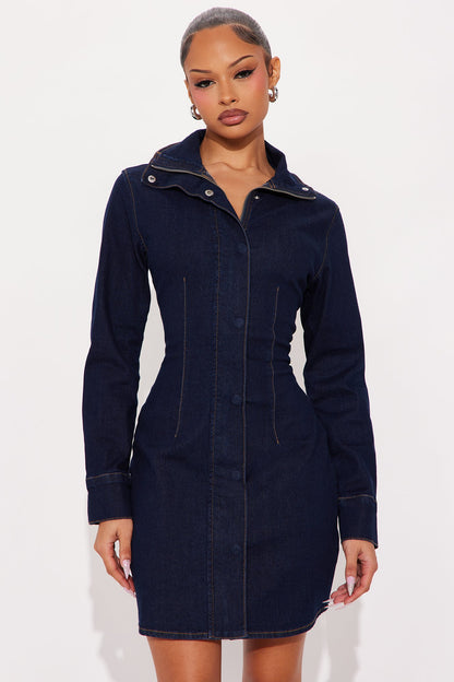Yasmine Long Sleeve Denim Mini Dress - Dark Denim