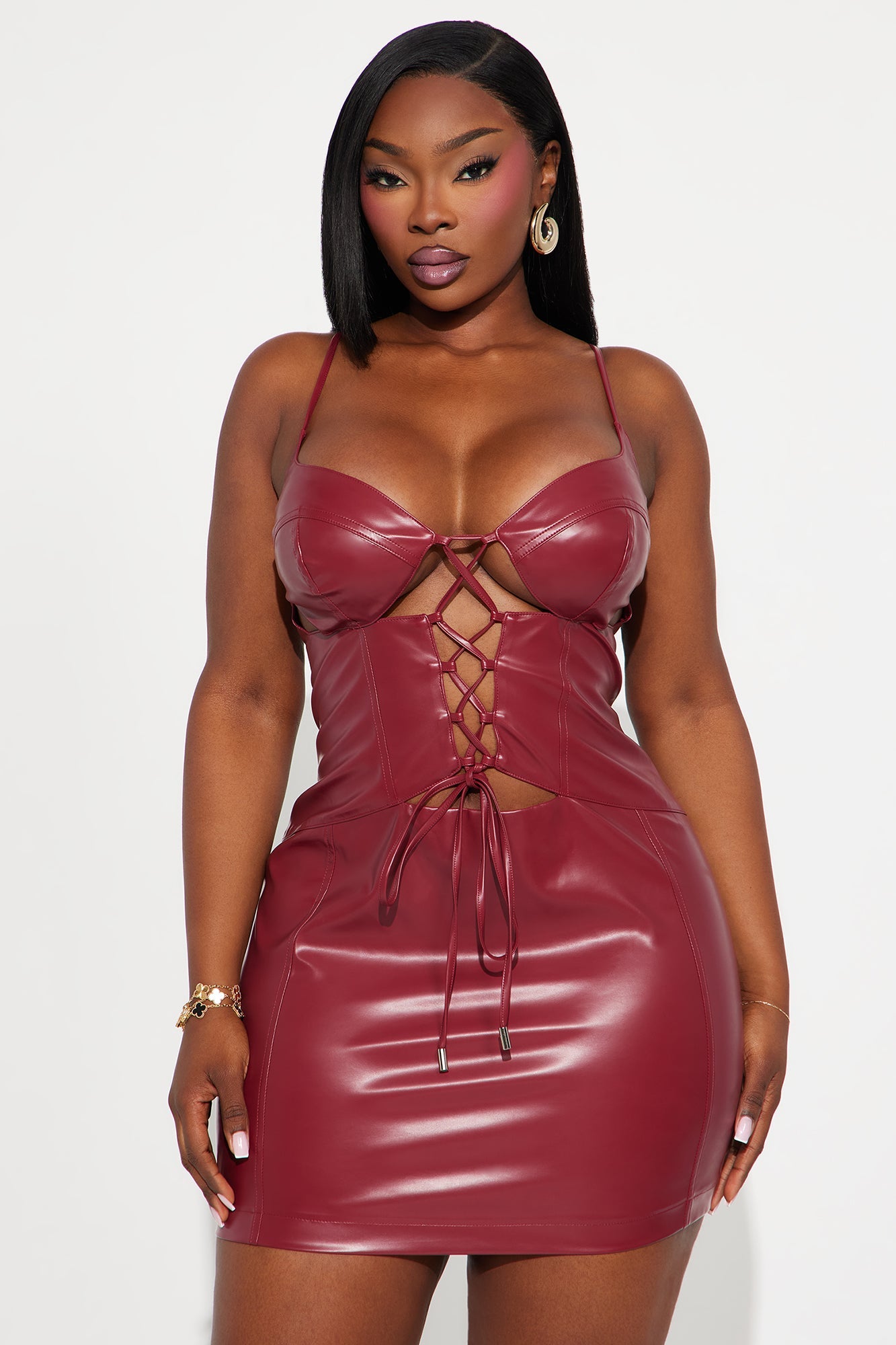 Tied Up Tonight Faux Leather Mini Dress - Burgundy