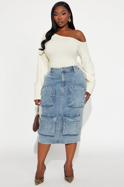 Sakura Cargo Denim Midi Skirt - Medium Wash