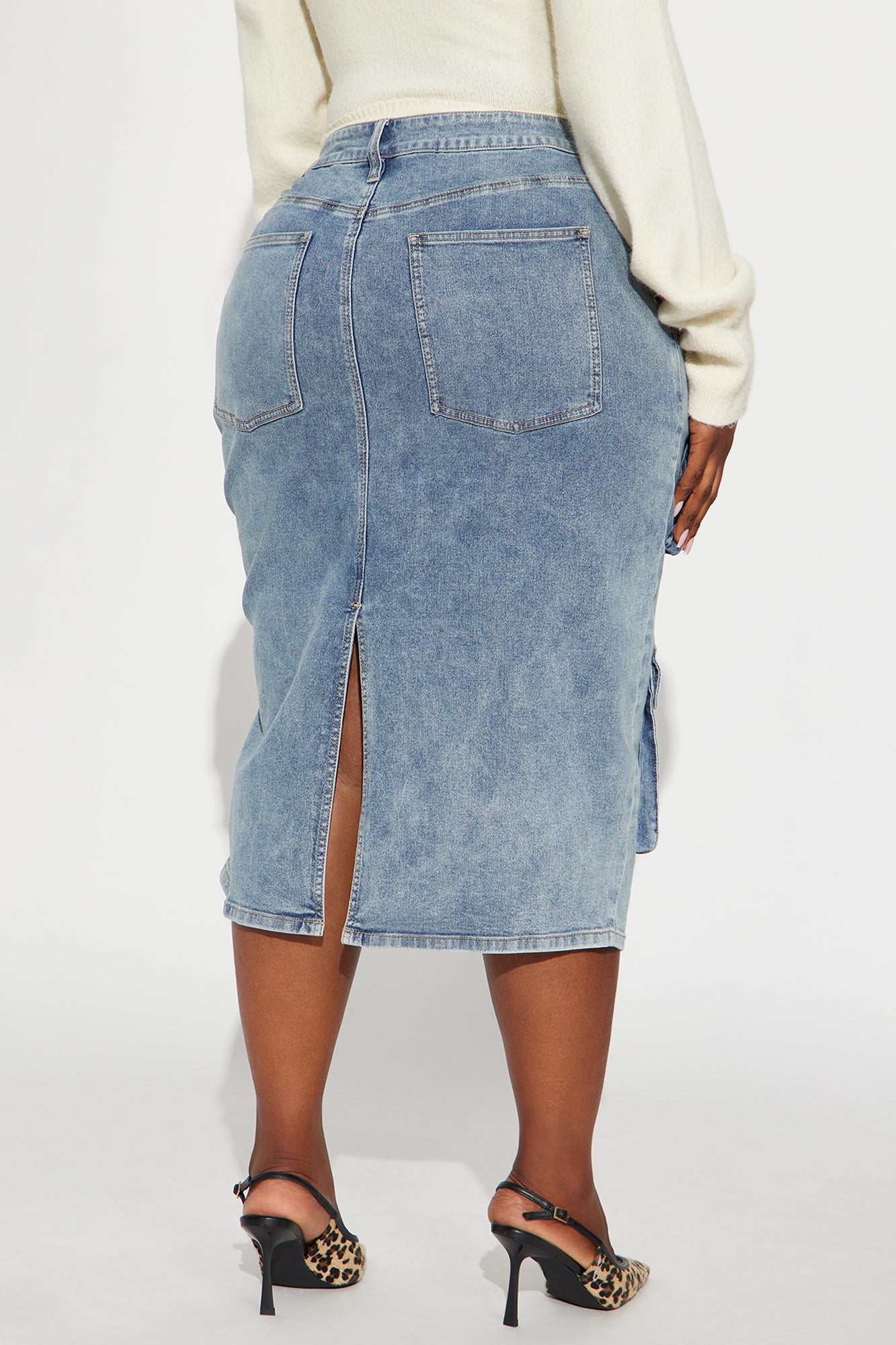 Sakura Cargo Denim Midi Skirt - Medium Wash