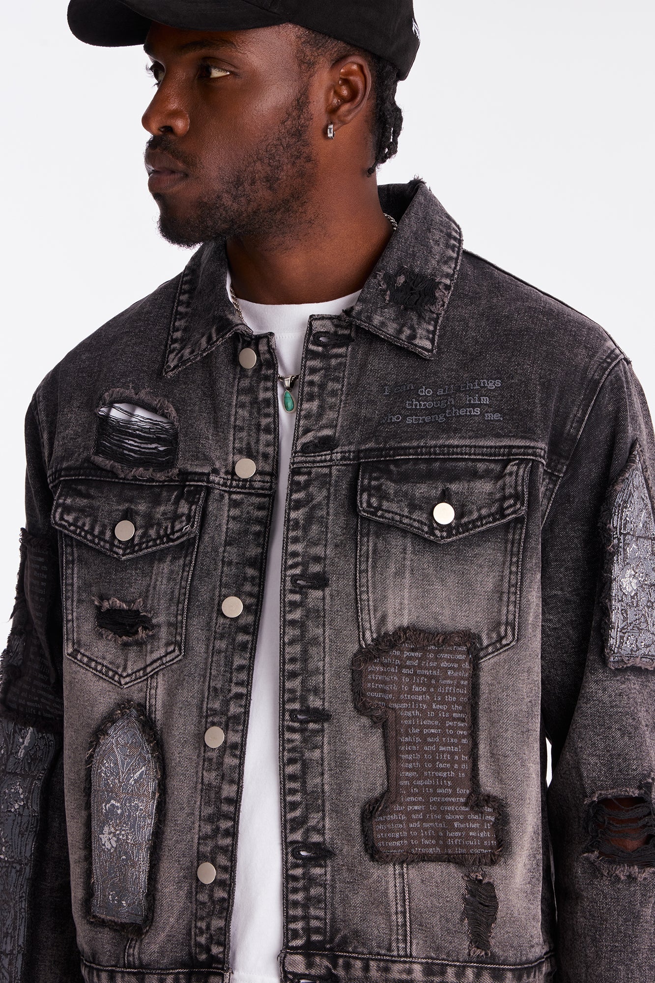 In Due Time Patched Distressed Denim Trucker Jacket - Black Wash