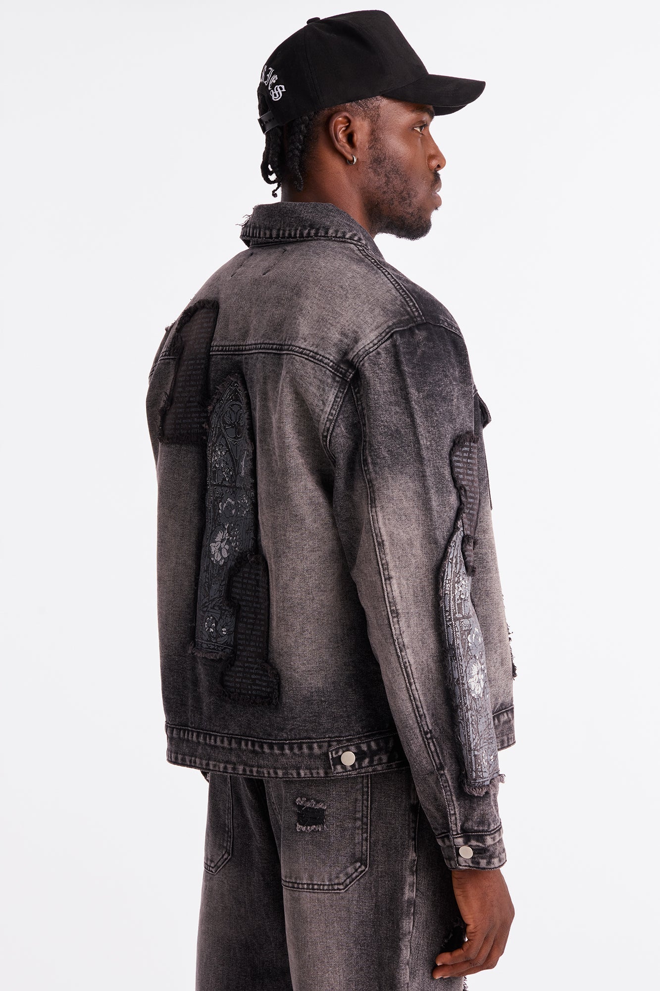 In Due Time Patched Distressed Denim Trucker Jacket - Black Wash