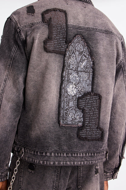 In Due Time Patched Distressed Denim Trucker Jacket - Black Wash