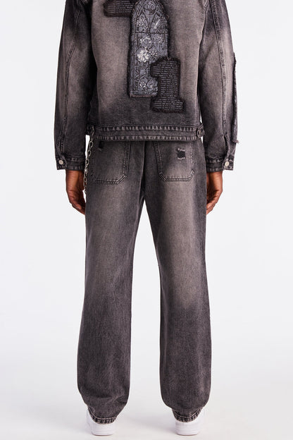 Straight In Due Time Distressed Patch Jean - Black Wash