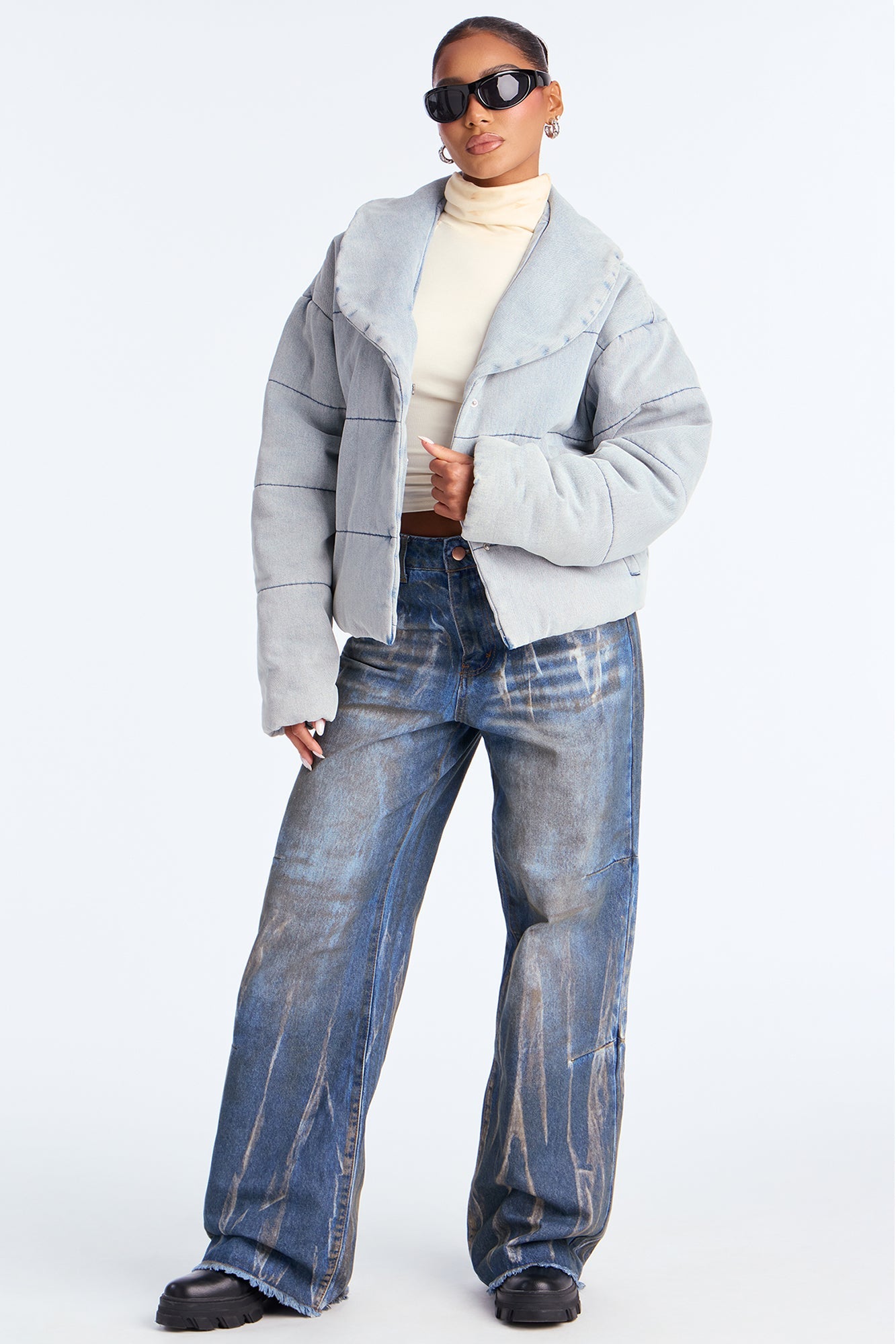 Ice Queen Denim Puffer Jacket - Light Wash