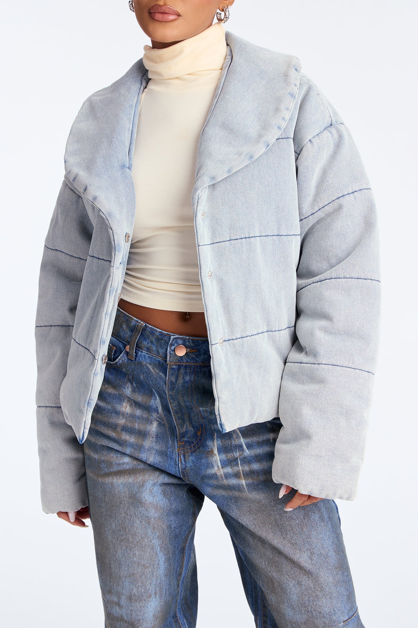 Ice Queen Denim Puffer Jacket - Light Wash