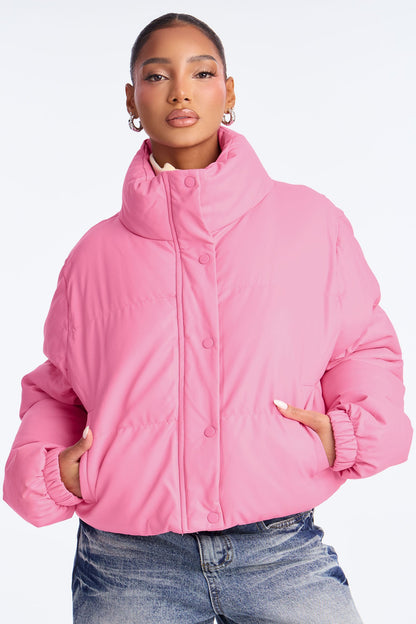 Big Dreams Faux Leather Puffer Jacket - Pink