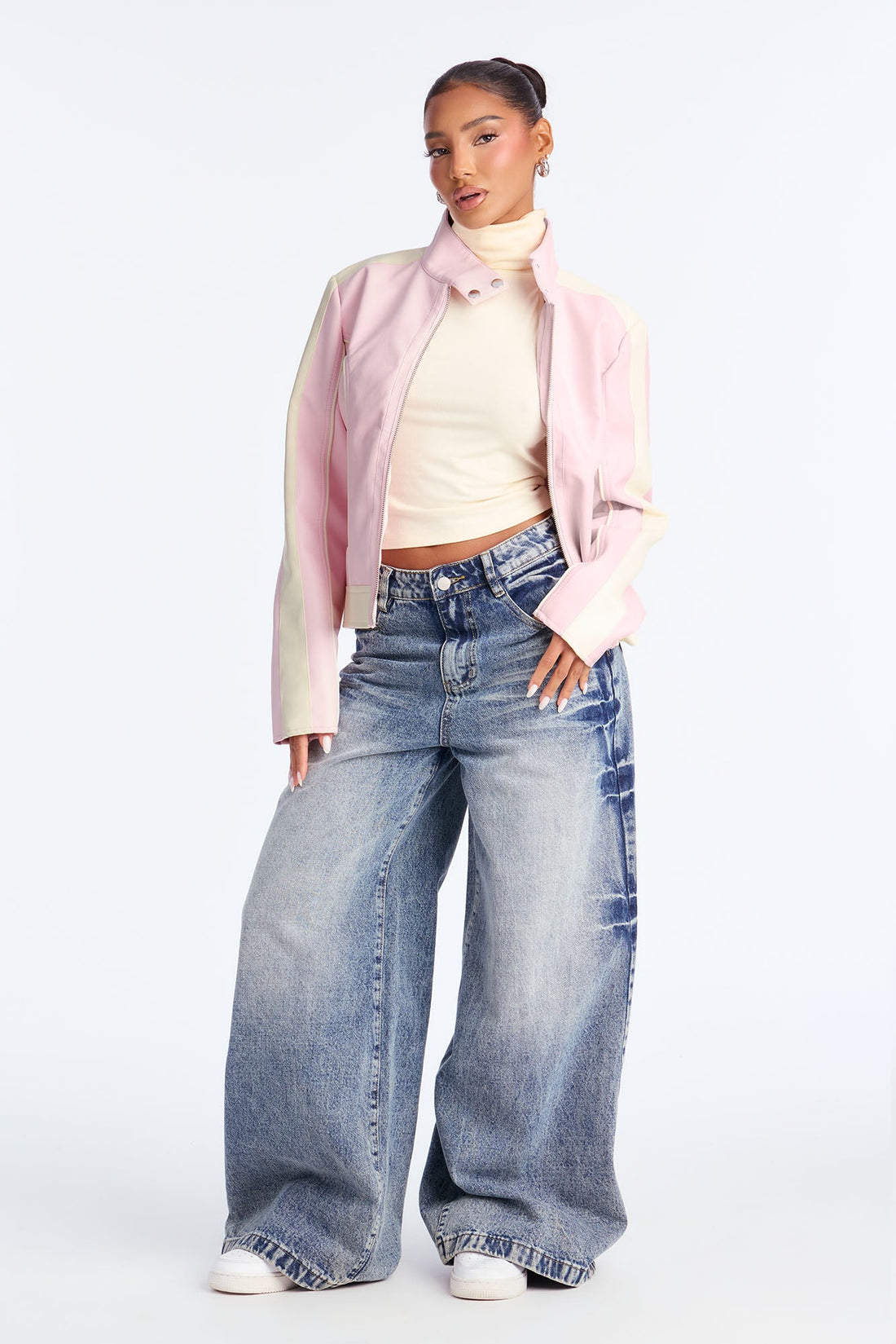 Makayla Faux Leather Moto Jacket - Pink/combo