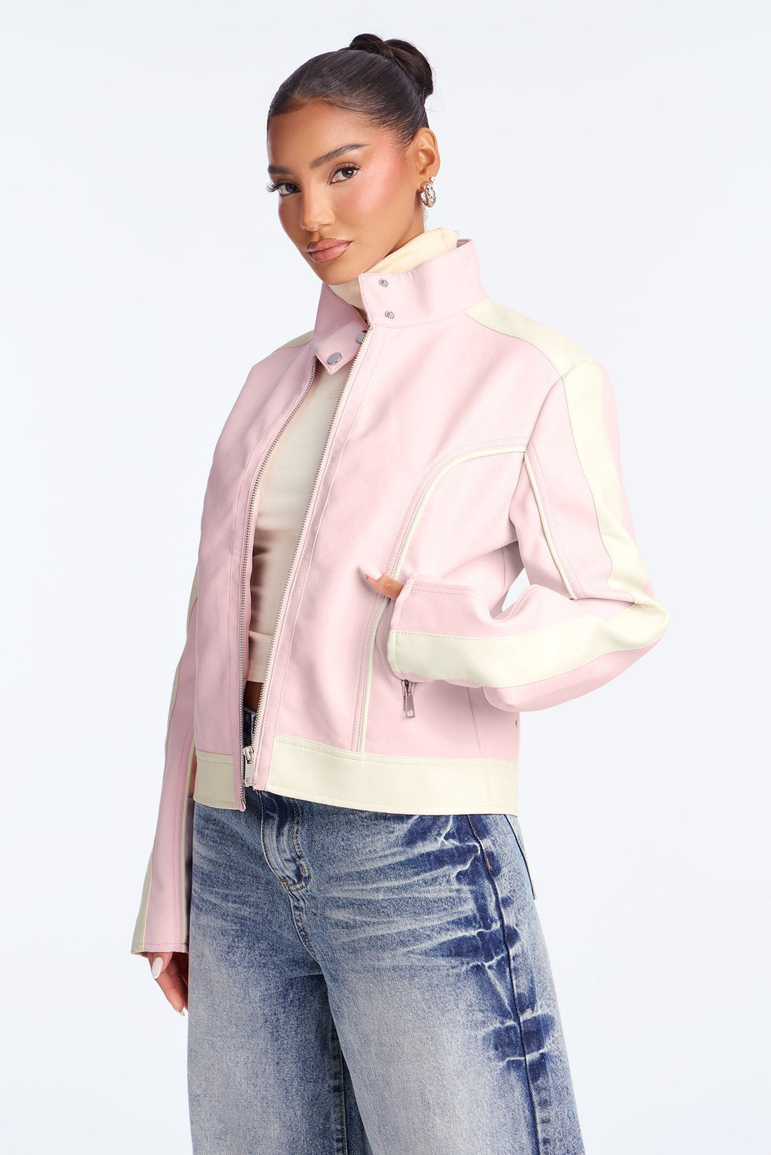 Makayla Faux Leather Moto Jacket - Pink/combo