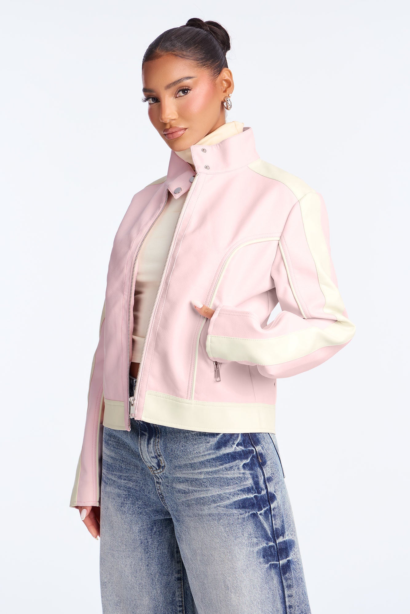 Makayla Faux Leather Moto Jacket - Pink/combo