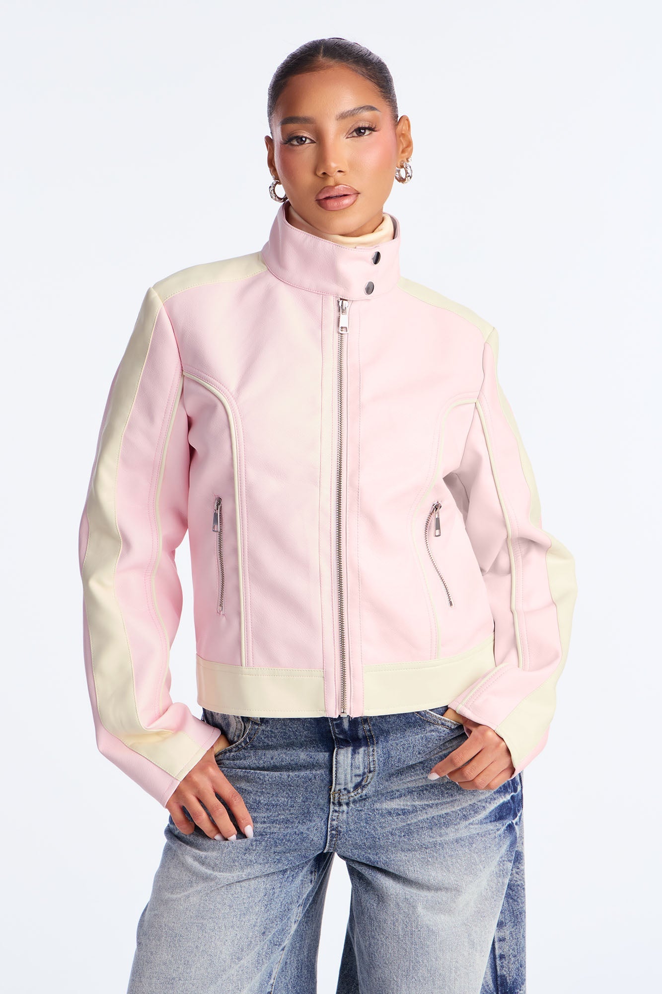Makayla Faux Leather Moto Jacket - Pink/combo