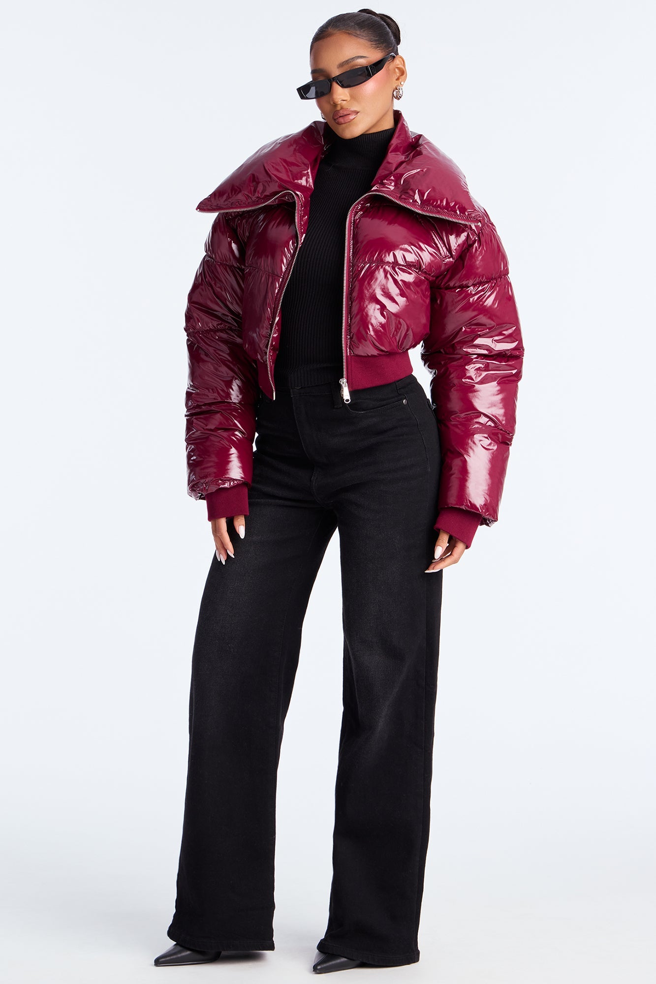 Billie Faux Patent Leather Cropped Puffer Jacket - Burgundy