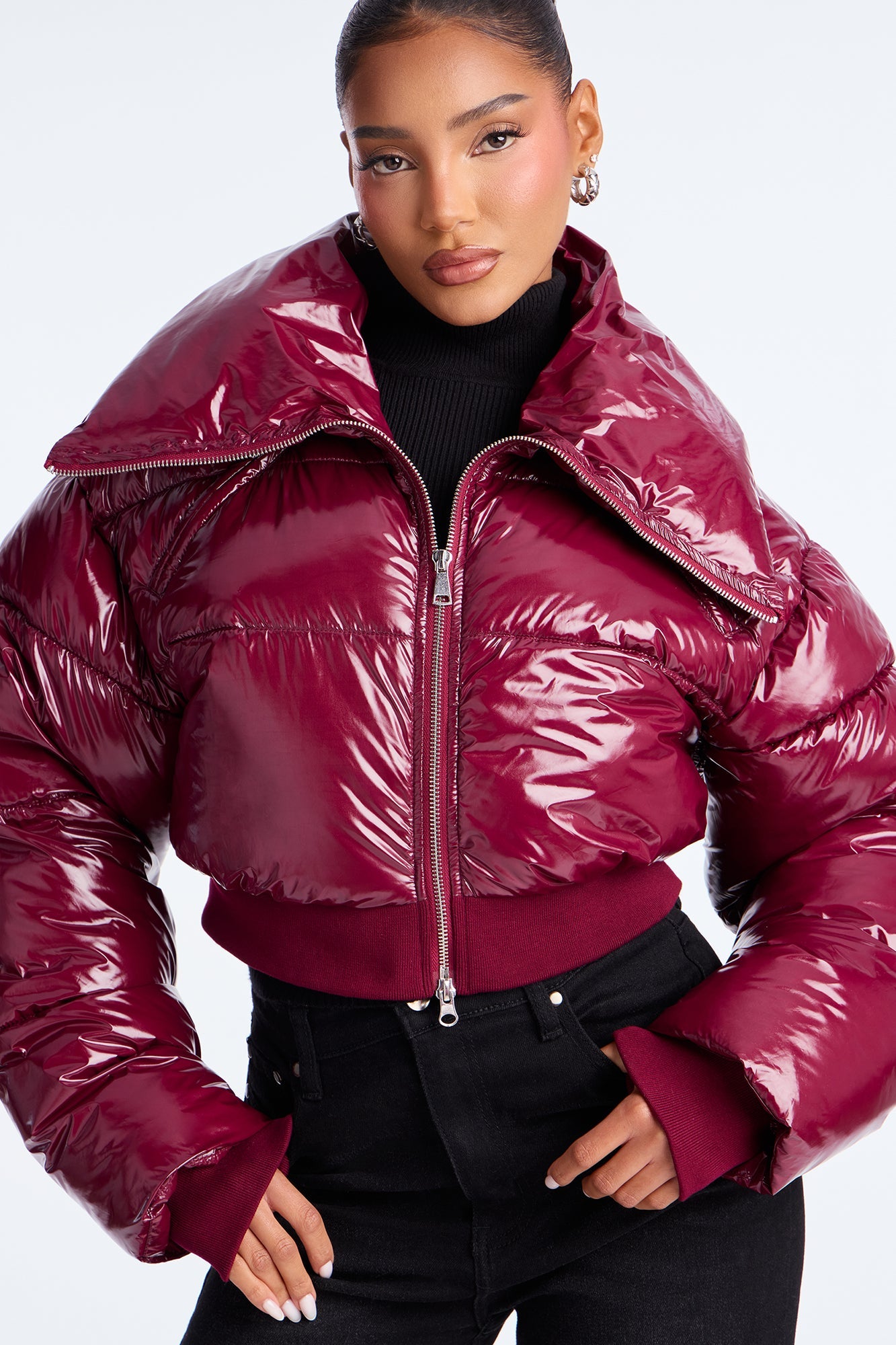 Billie Faux Patent Leather Cropped Puffer Jacket - Burgundy