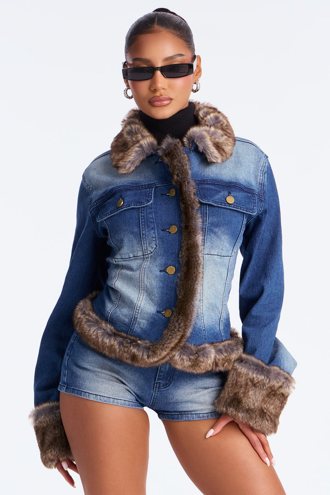 Meant To Be Fur Denim Jacket Short Set - Medium Wash