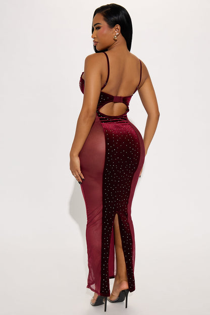 It Girl Rhinestone Mesh Maxi Gown - Wine