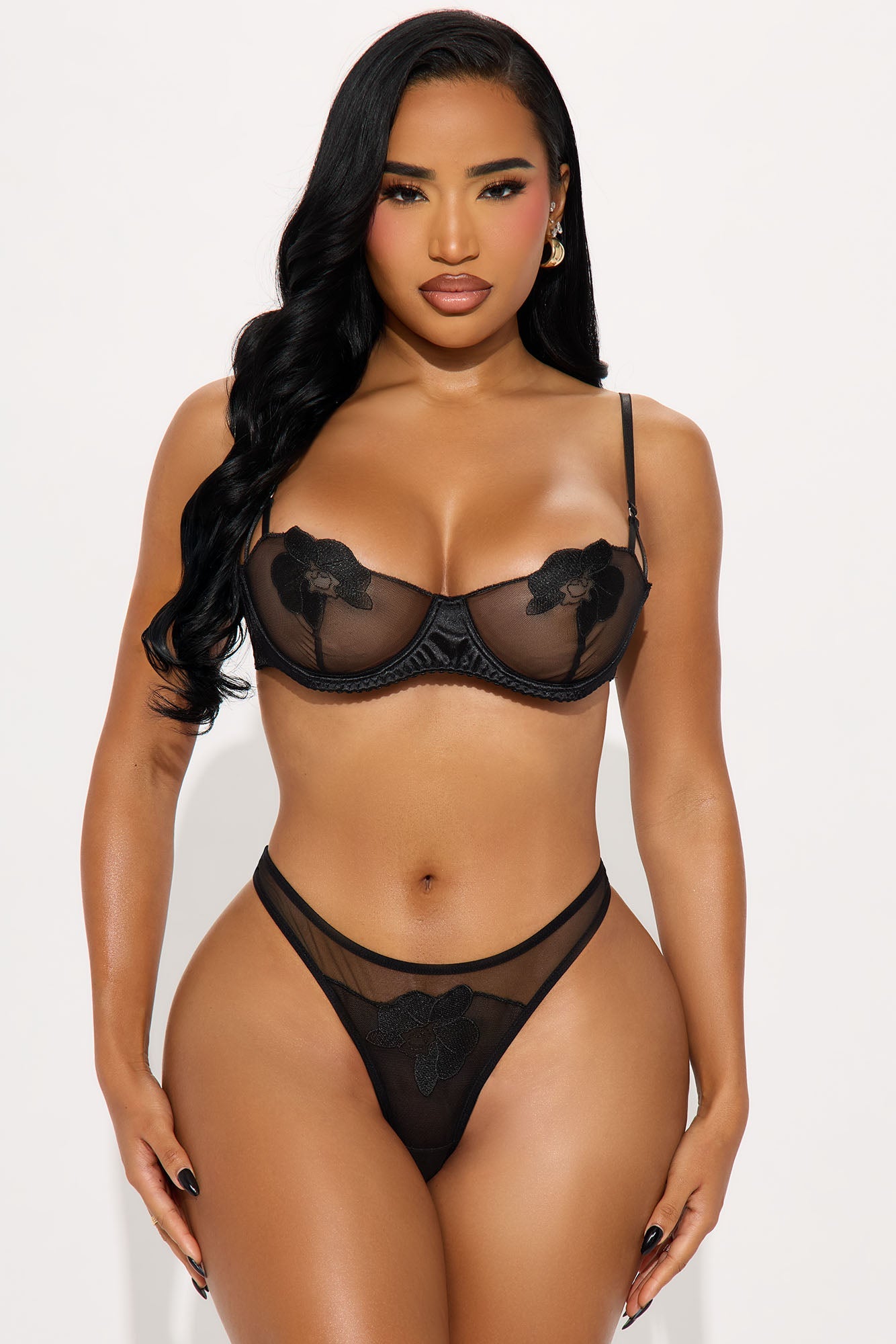 Nixie 2 Piece Mesh Embroidered Bra And Panty Set - Black