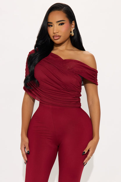 Lucy Ruched Mesh Off Shoulder Jumpsuit - Burgundy