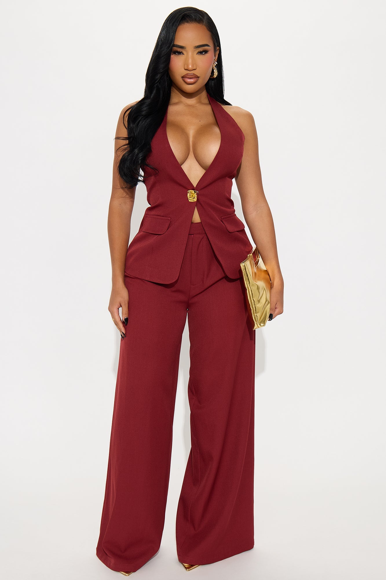 Melinda Halter Vest Pant Set - Burgundy