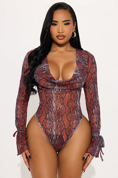 Catch It Long Sleeve Cowl Neck Thong Bodysuit Teddy - Red/combo
