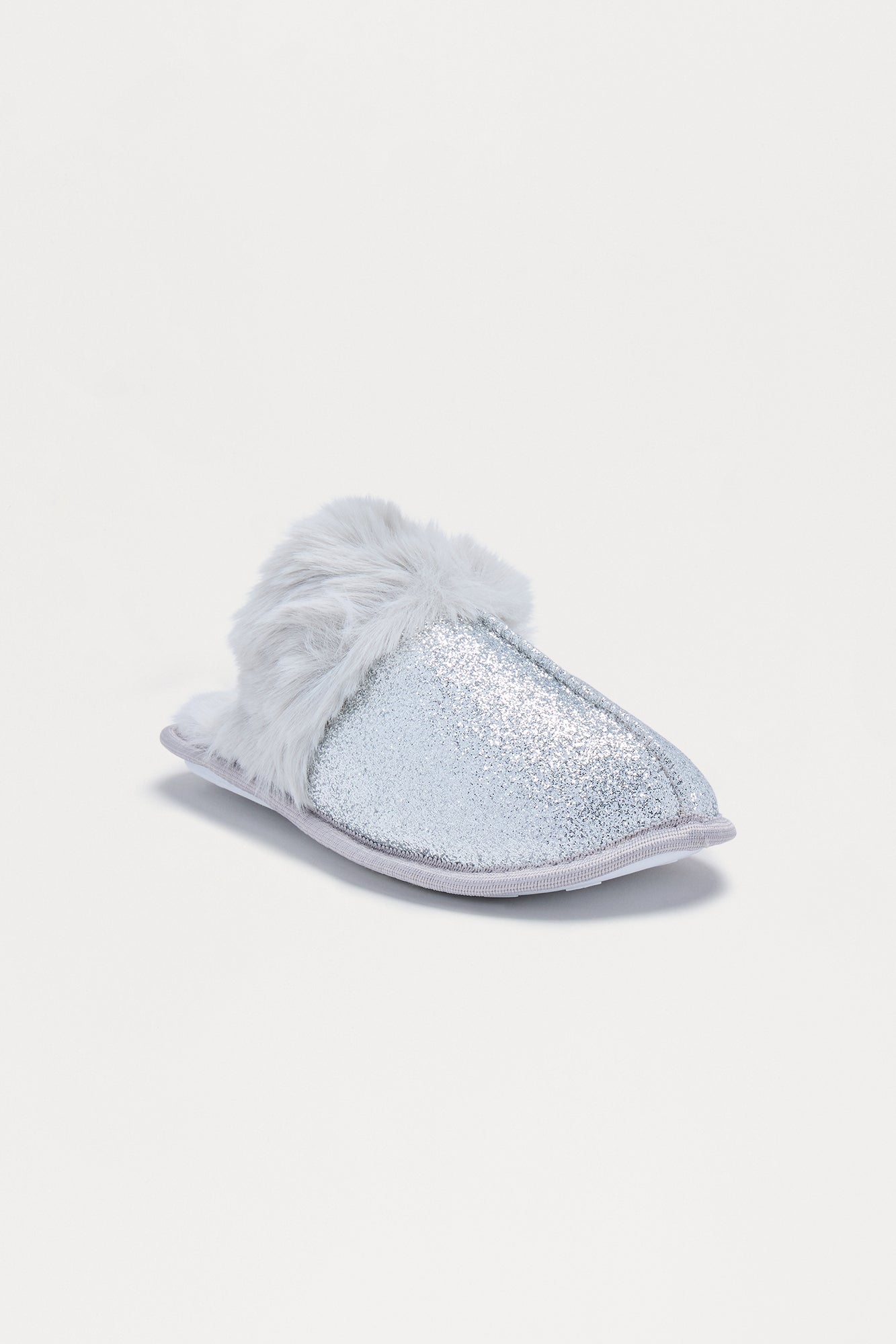 Bizzy Fur Trim Glitter Slippers - Silver