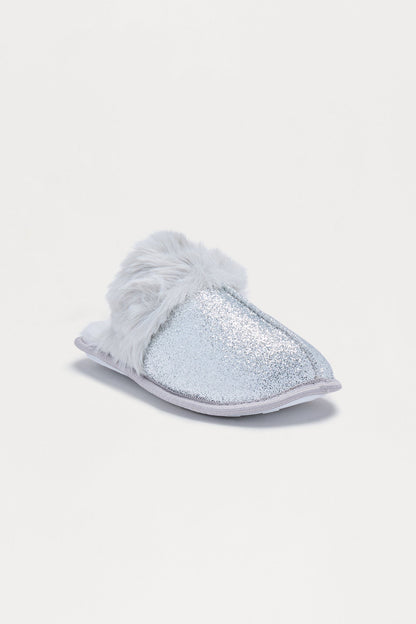Bizzy Fur Trim Glitter Slippers - Silver