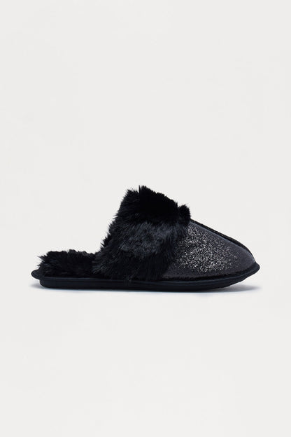 Bizzy Fur Trim Glitter Slippers - Black