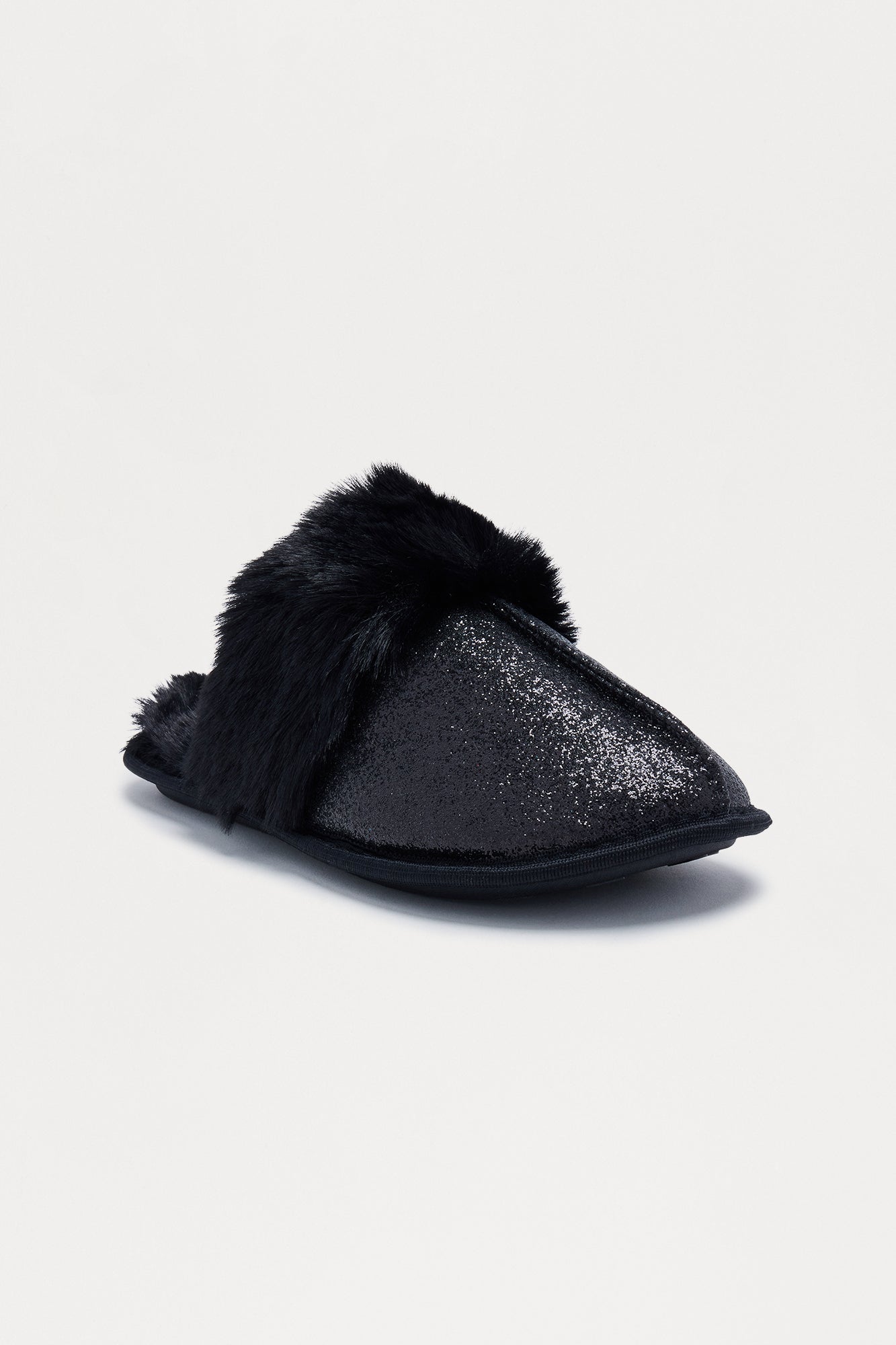 Bizzy Fur Trim Glitter Slippers - Black