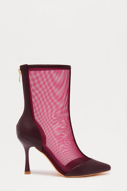 Marabou Mesh Stiletto Booties - Burgundy