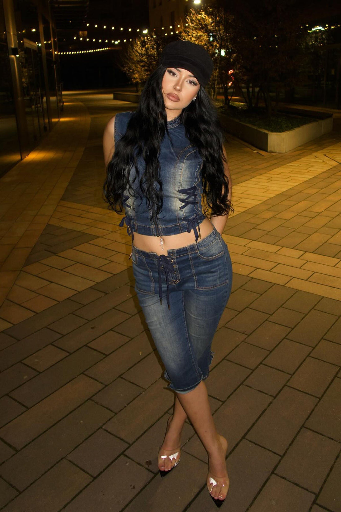 Leveled Up Lace Up Stretch Denim Capris - Dark Wash