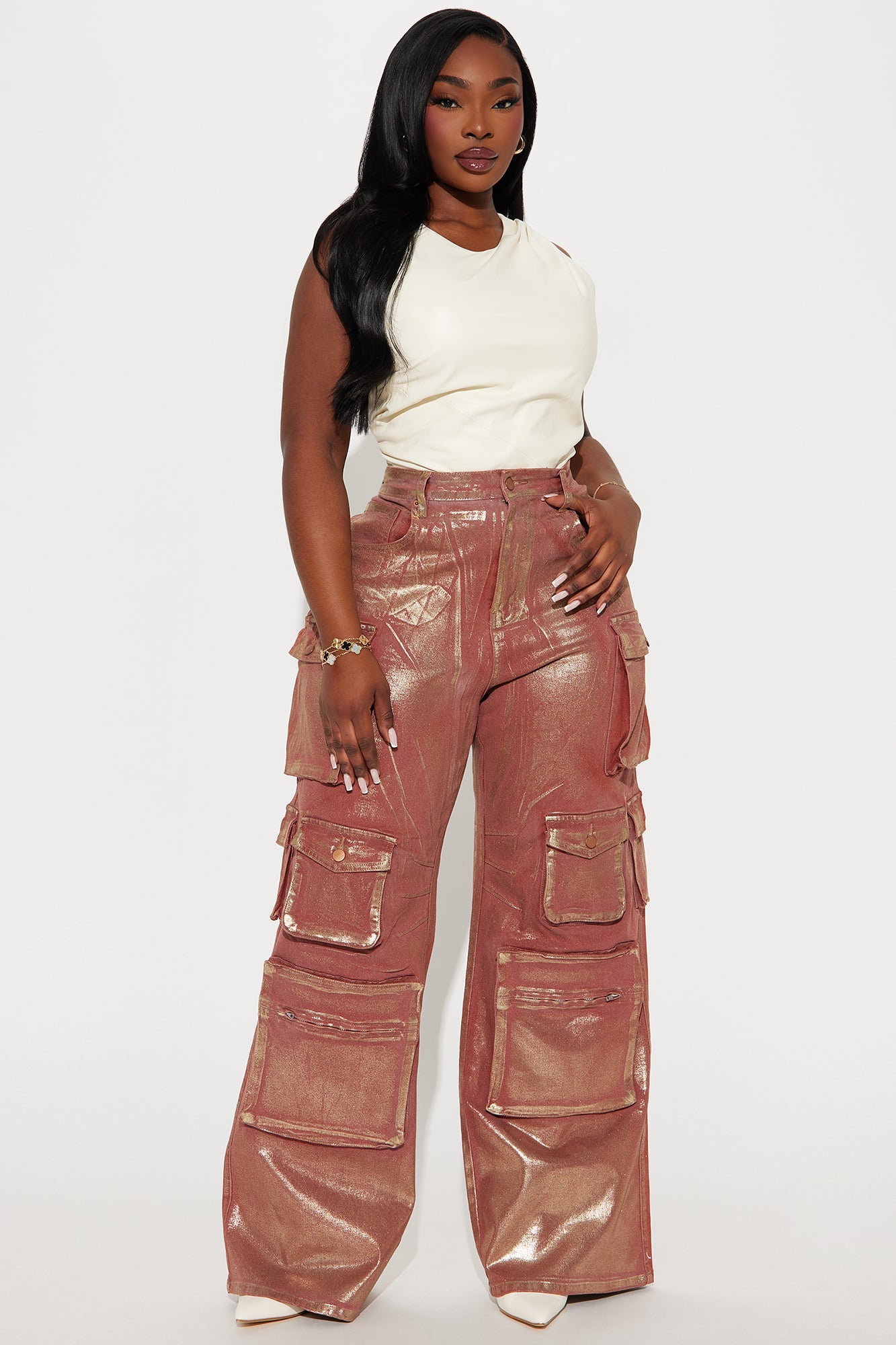 Time To Shine Foil Baggy Cargo Jeans - Burgundy