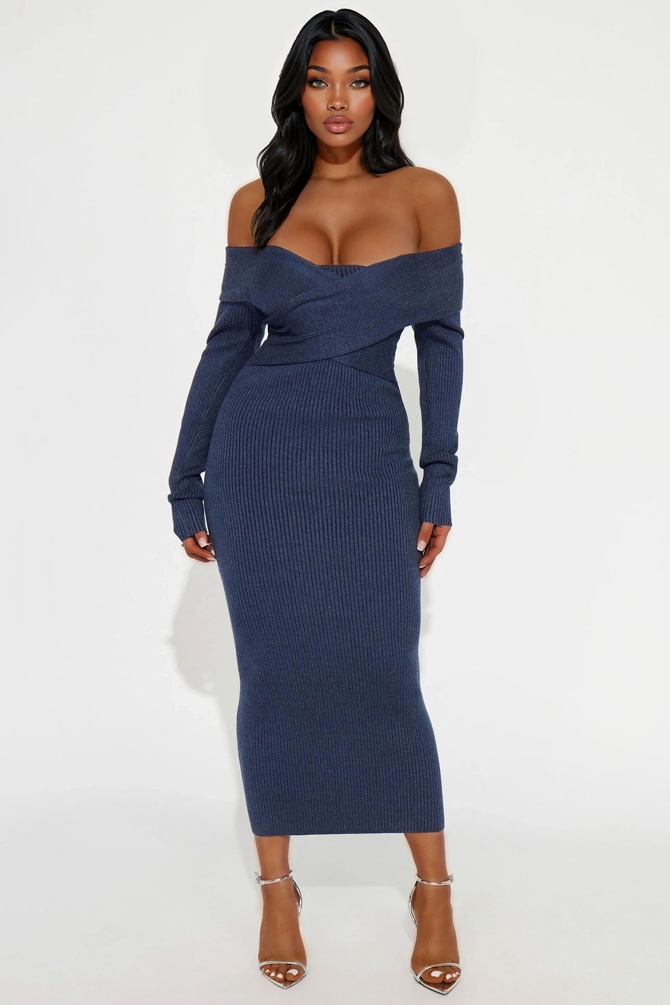 Amryn Off Shoulder Ribbed Midi Dress - Navy