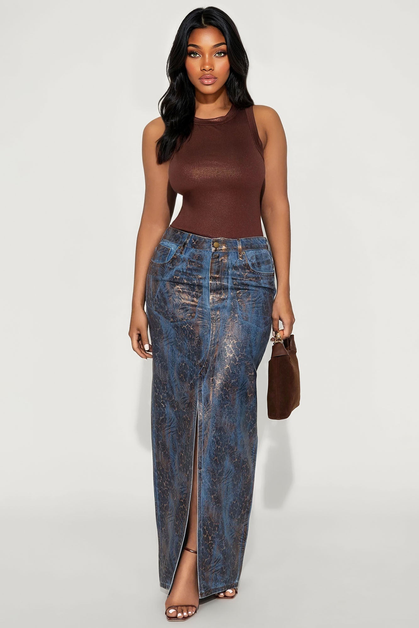 Josie Metallic Coated Leopard Denim Maxi Skirt - Leopard