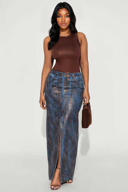 Josie Metallic Coated Leopard Denim Maxi Skirt - Leopard
