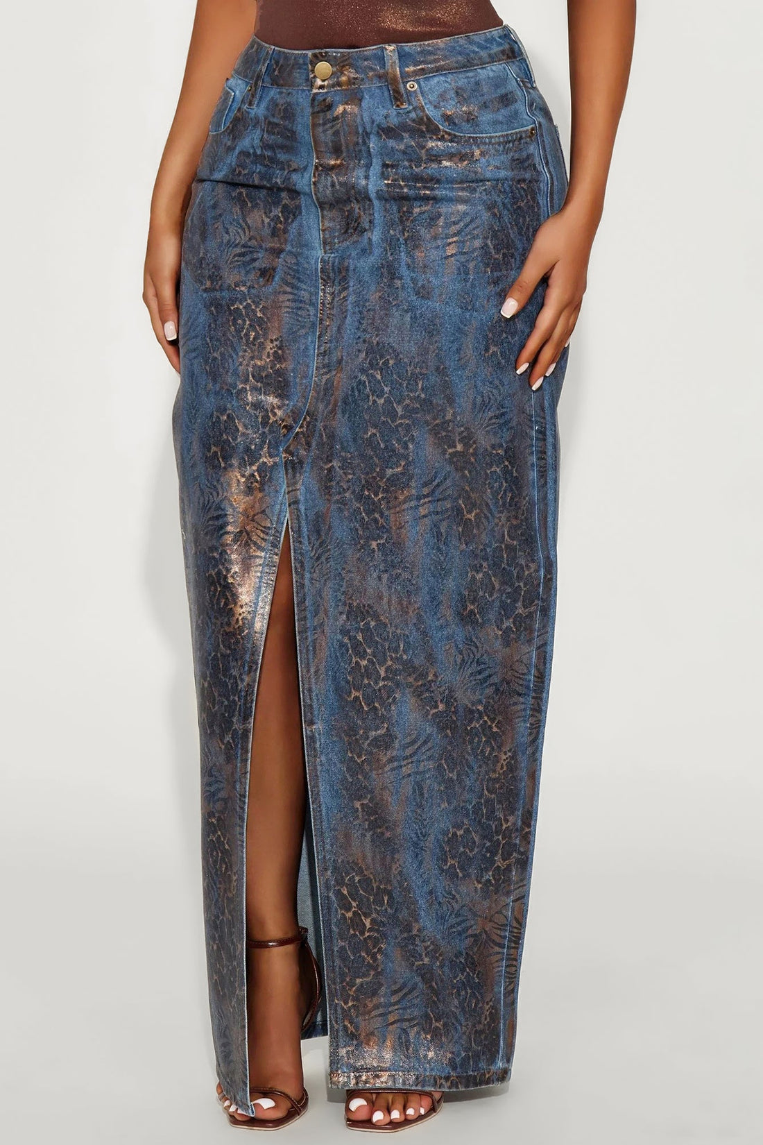 Josie Metallic Coated Leopard Denim Maxi Skirt - Leopard