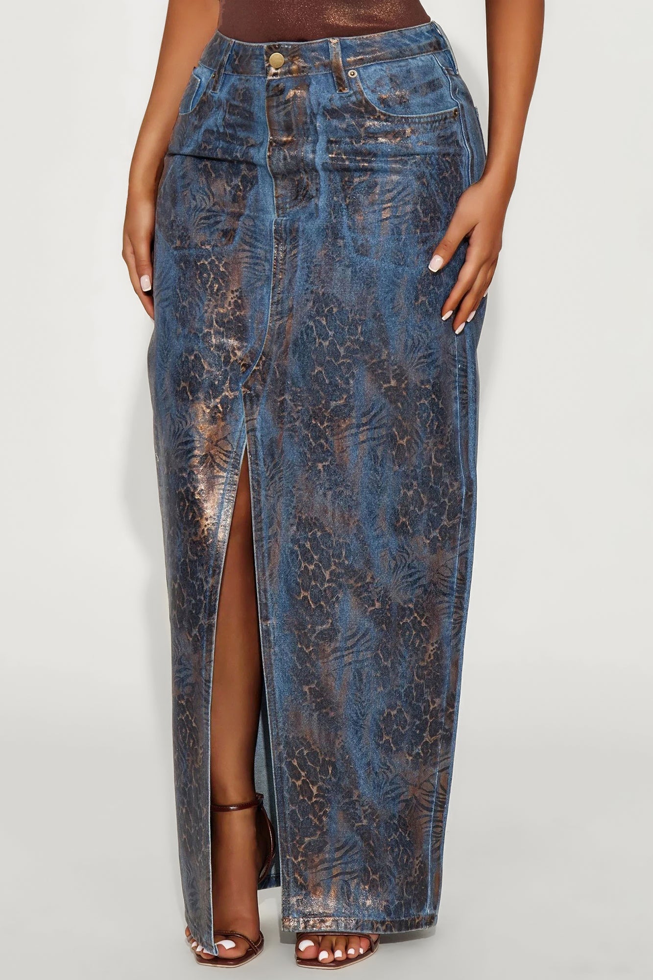 Josie Metallic Coated Leopard Denim Maxi Skirt - Leopard