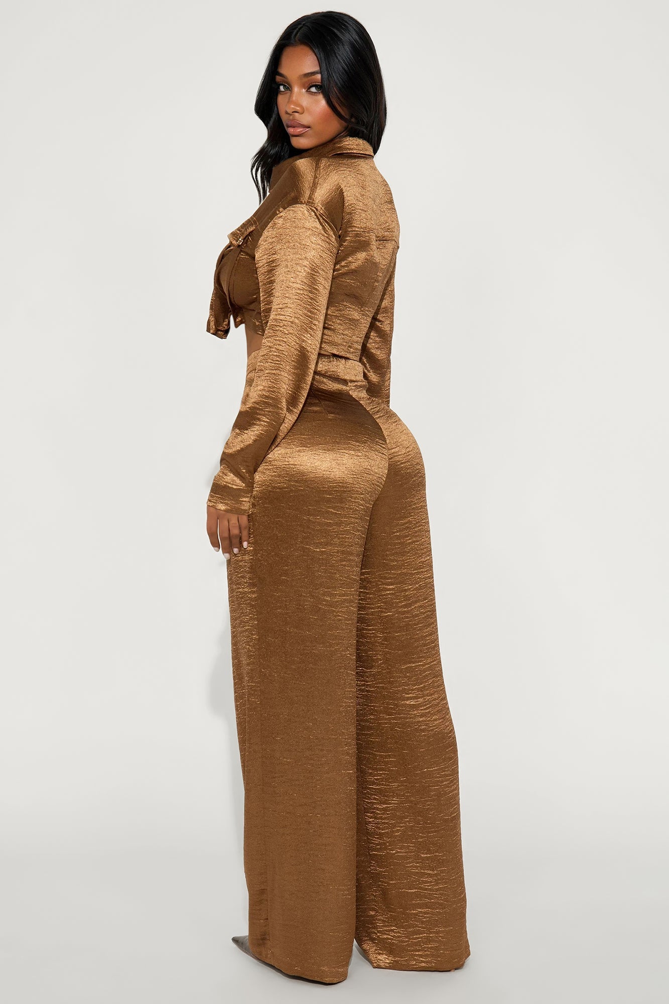 Hailey Satin Long Sleeve Pant Set - Bronze