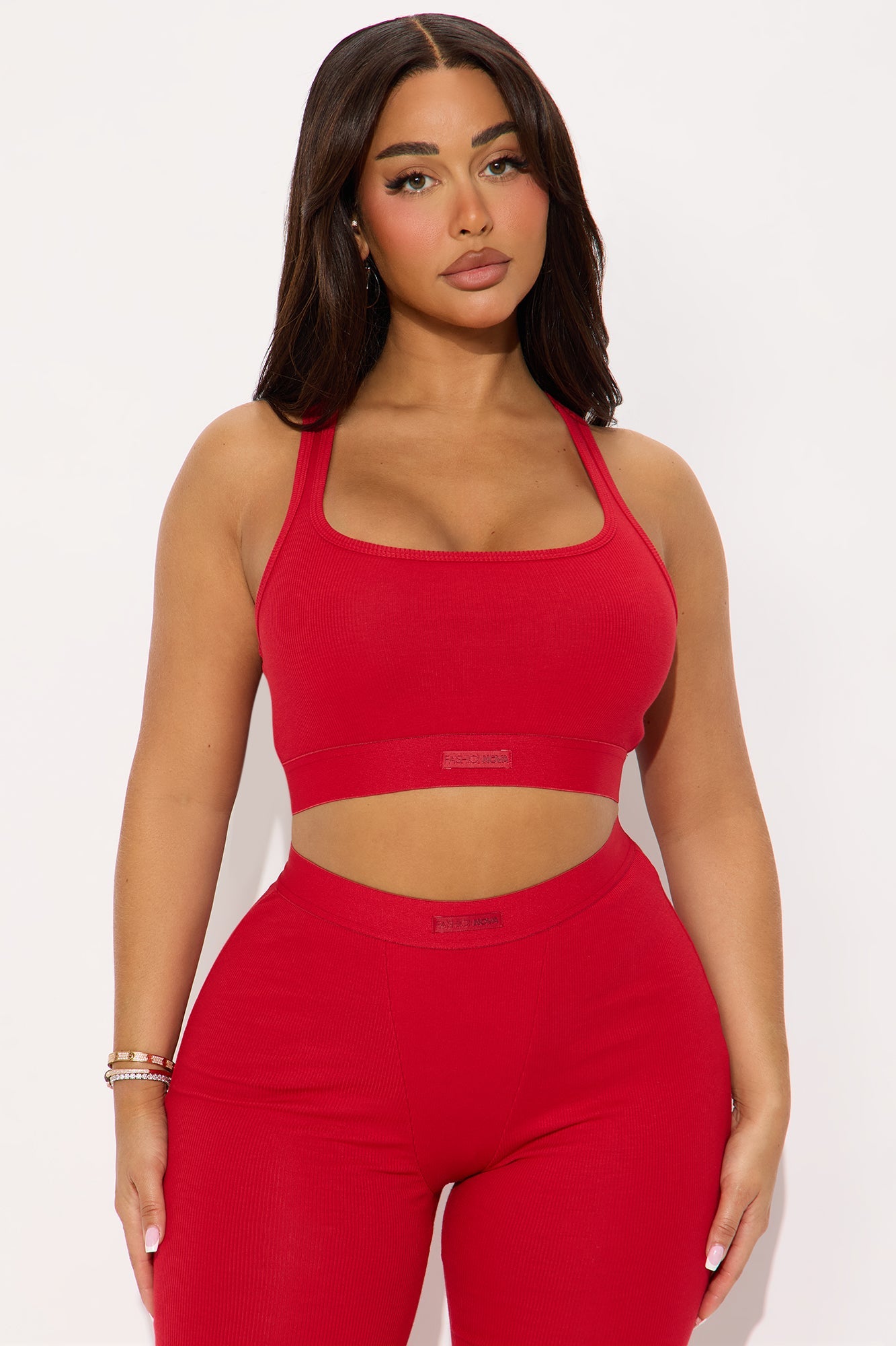 FN Mood Racerback Bra And Legging 2 Piece Ribbed Cotton Set - Red