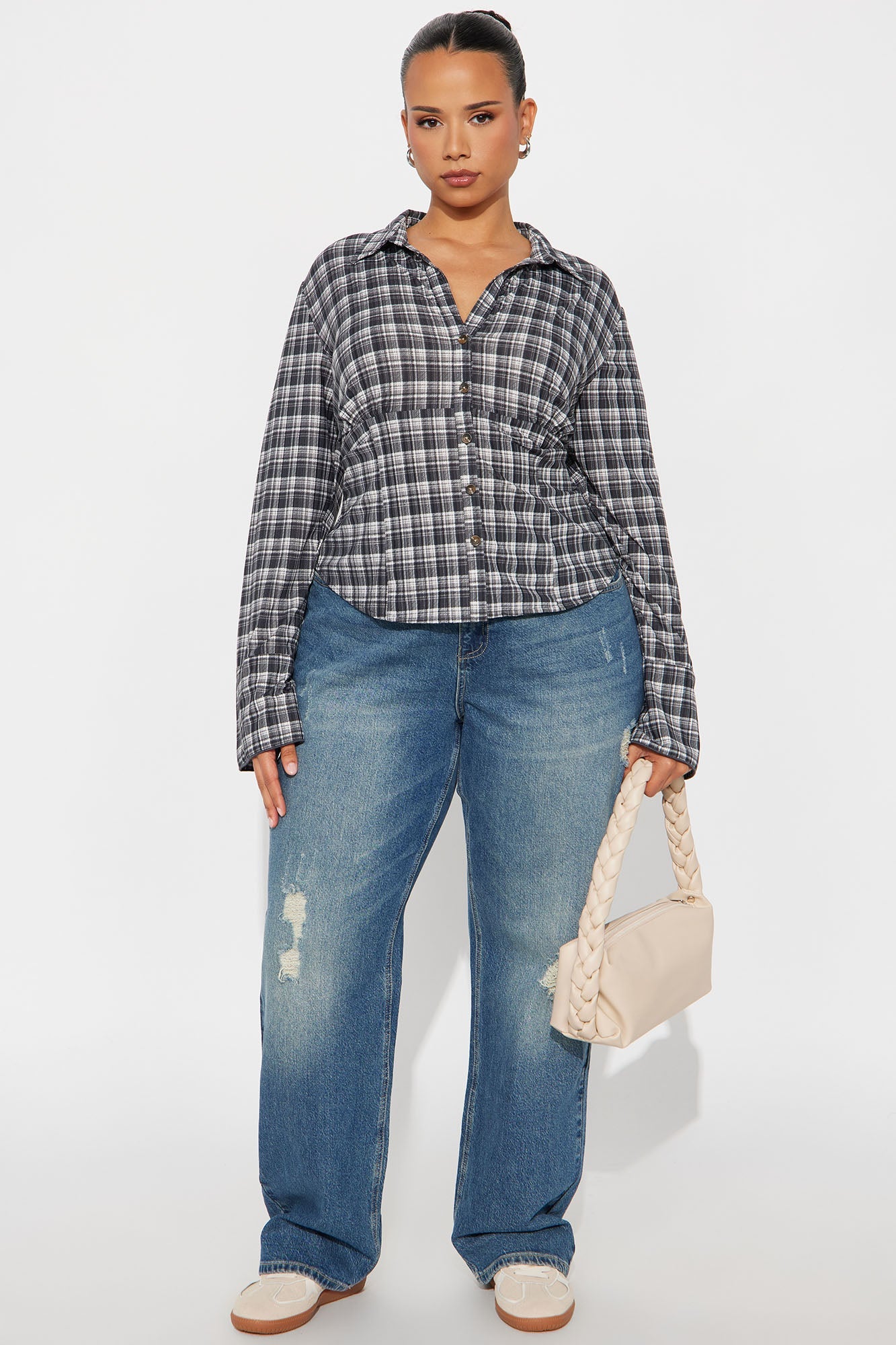 Norah Long Sleeve Button Up Plaid Shirt - Black/White