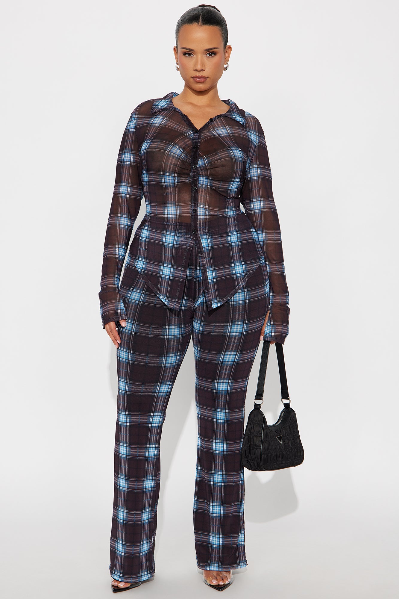 Marissa Mesh Plaid Pant Set - Blue/combo