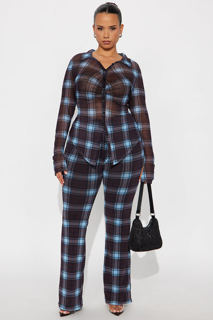 Marissa Mesh Plaid Pant Set - Blue/combo