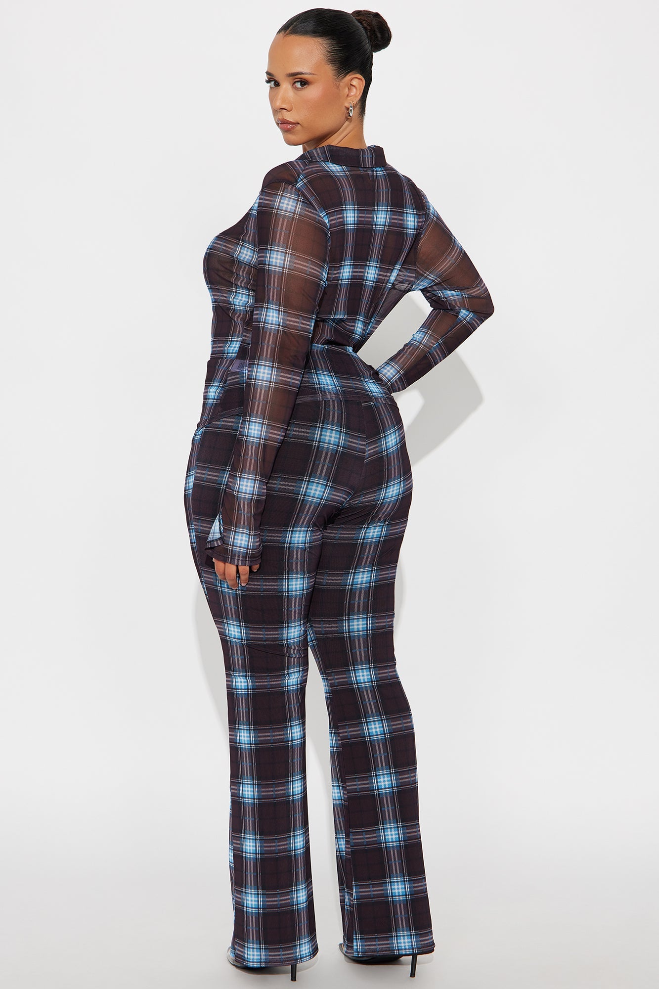 Marissa Mesh Plaid Pant Set - Blue/combo