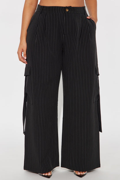 Atiya Pinstripe Wide Leg Cargo Pant 32″ - Black/White