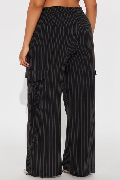 Atiya Pinstripe Wide Leg Cargo Pant 32″ - Black/White