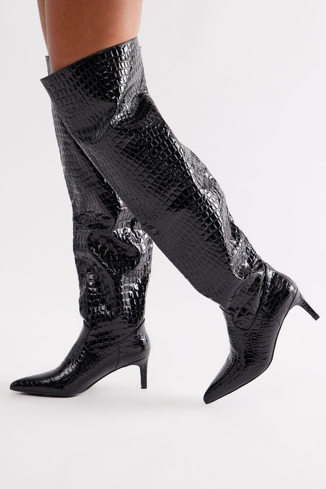 Snappy Croc Thigh High Boots - Black