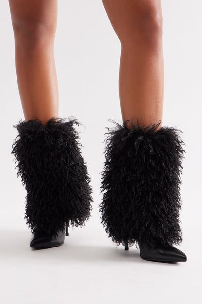 Greer Faux Fur Stiletto Booties - Black