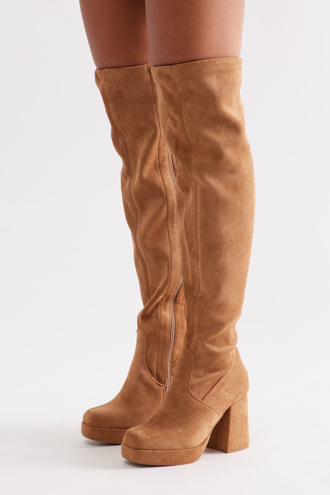 Jean Platform Thigh High Boots - Camel