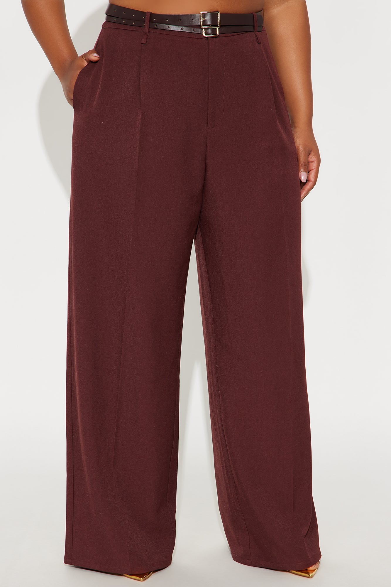 Geraldine Belted Wide Leg Trousers 33″ - Wine