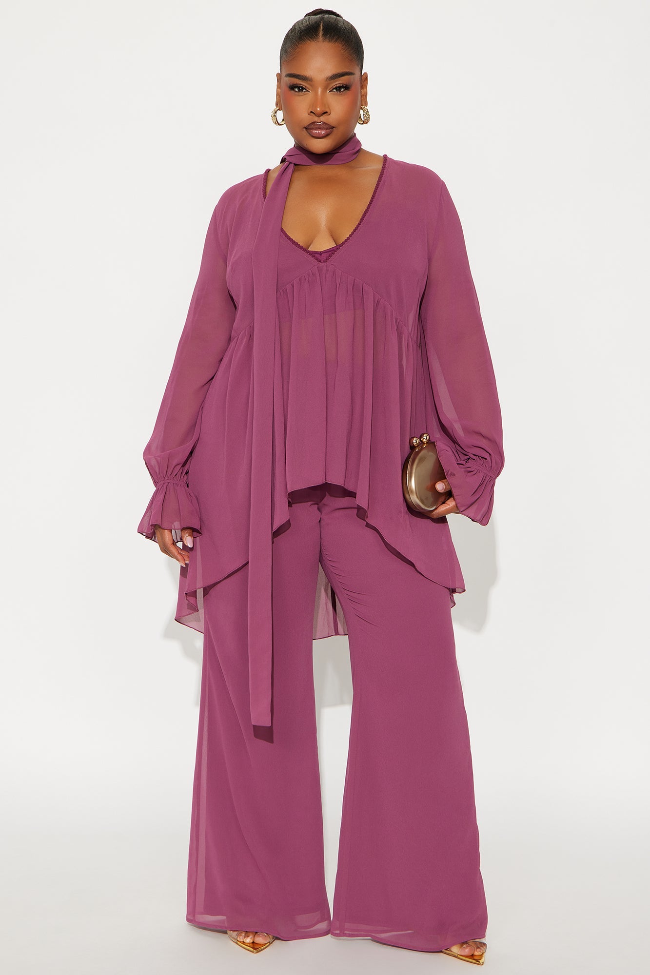 Karina Flowy Chiffon Wide Leg Pant Set - Plum