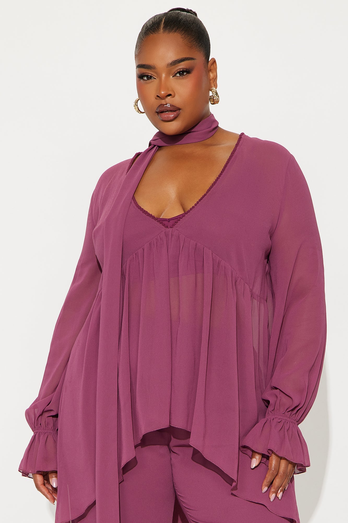 Karina Flowy Chiffon Wide Leg Pant Set - Plum